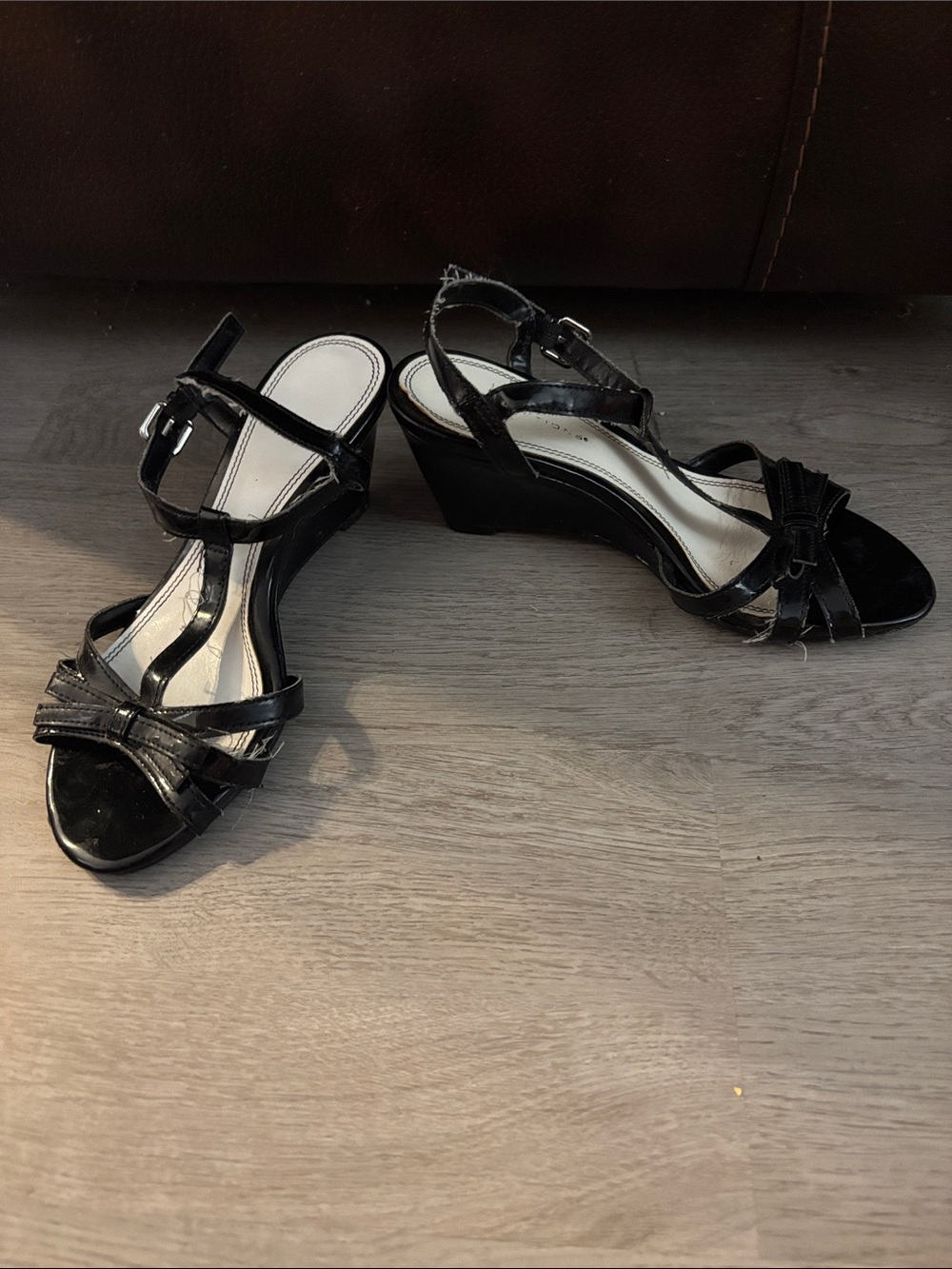 BCBGeneration Black Patent Wedge Sandals with Bow Accent
